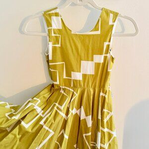 Green Motoreta Child's Dress, "Vega Dress Green & White Geometric Print"